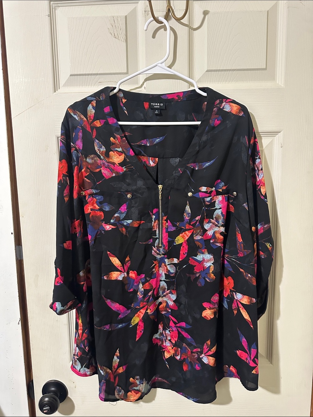 torrid Black Floral Zip-Front Harper blouse with V-Neck